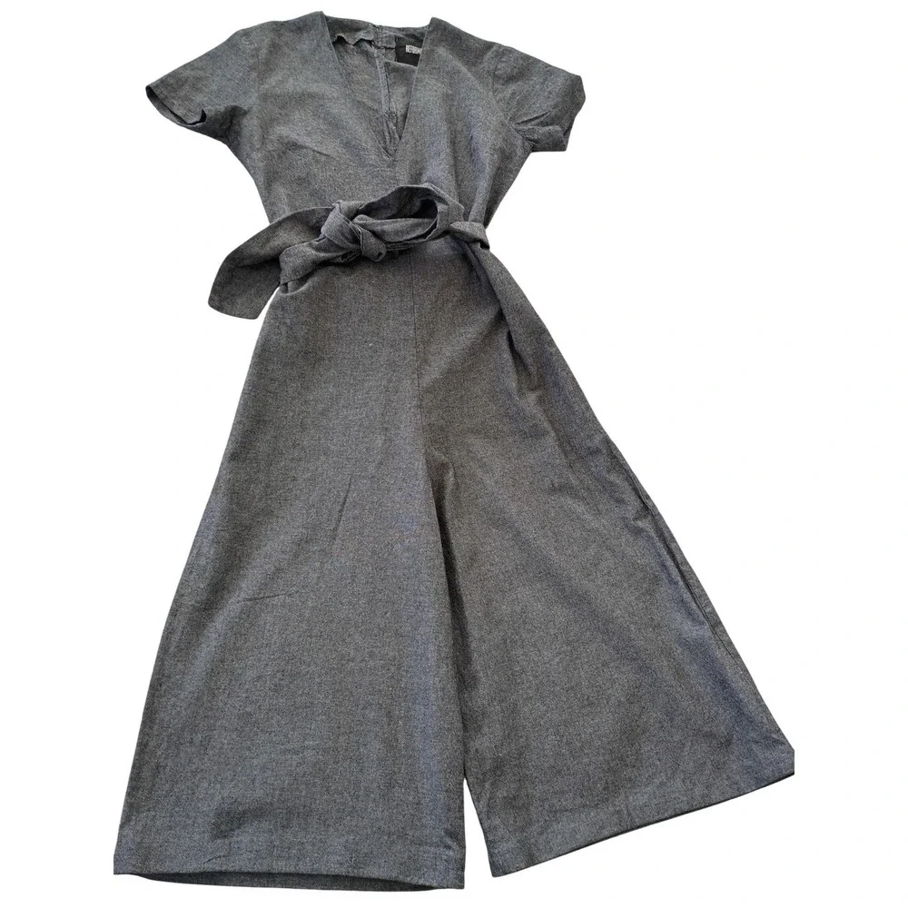 Reformation Minimalist $218 Grey Short Sleeve Wide Leg Tie Waist Jumpsuit Fits S